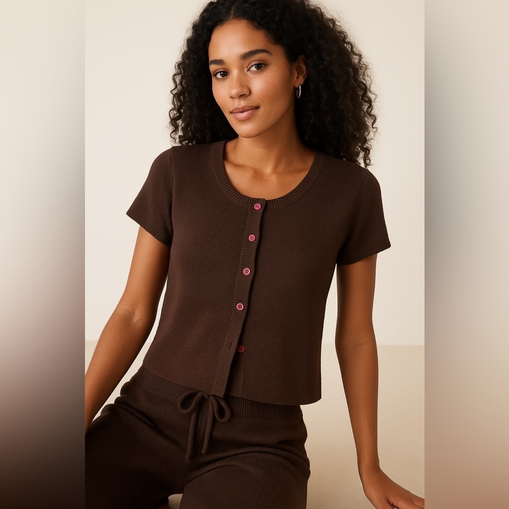 Dark Brown Knit Button Down Top | Size Large